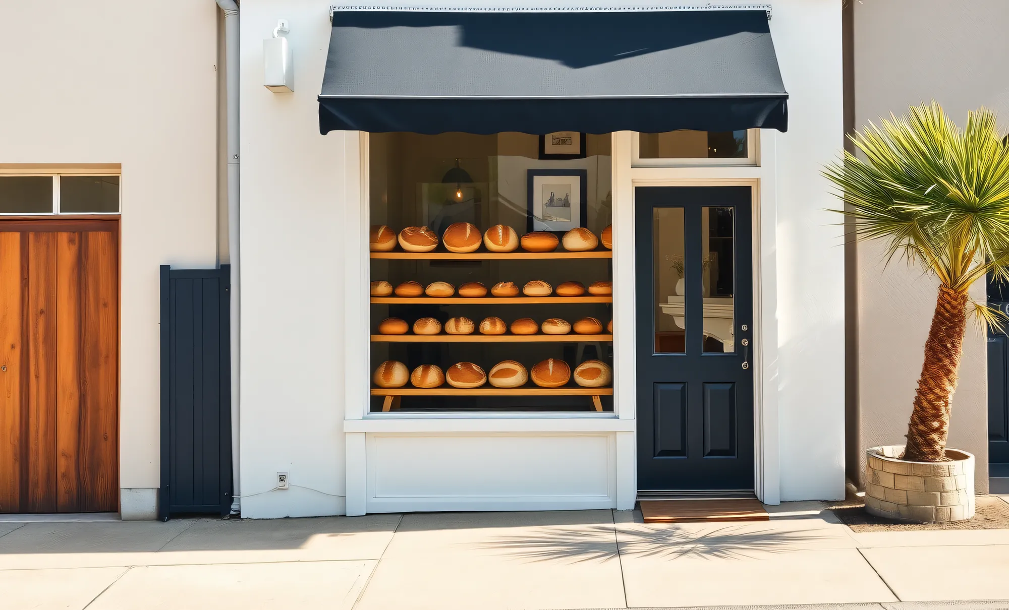 A white bakery storefront with a navy door and a window full of bread