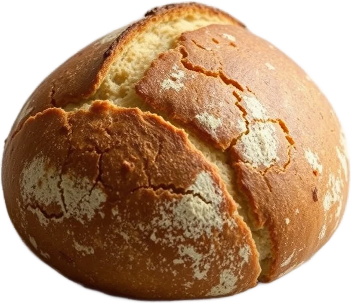 A round country sourdough loaf with a dark crackled crust