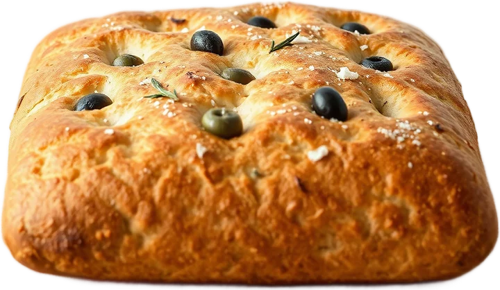 A slab of focaccia with olives, rosemary and salt
