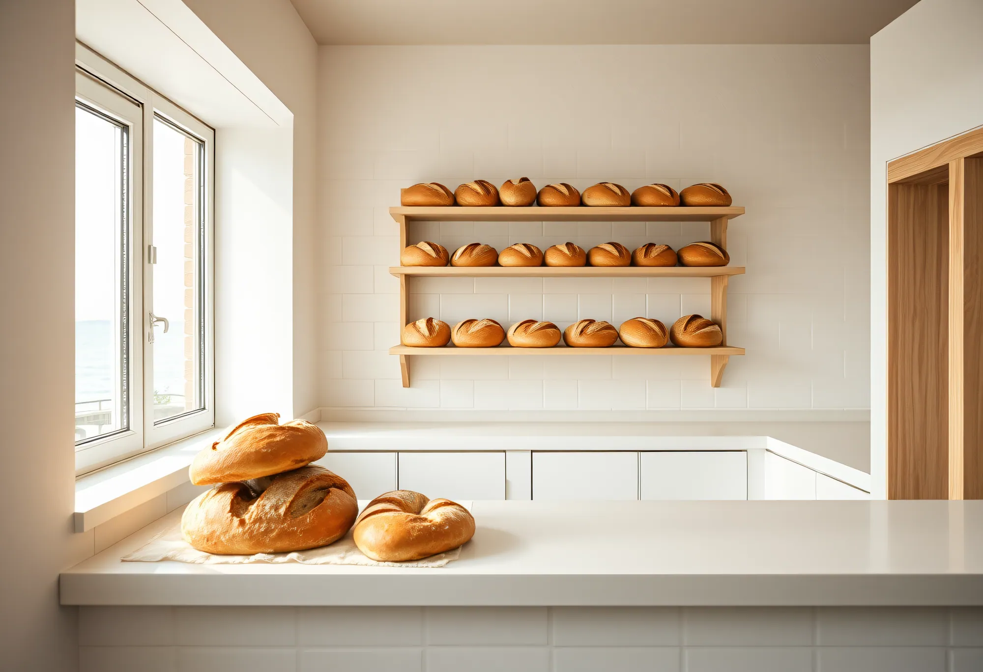 The bakery counter in the morning, oak shelves full of loaves