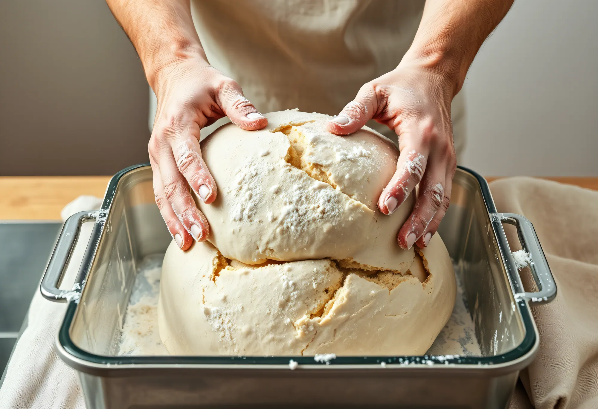Hands folding wet sourdough in a tub on a steel bench