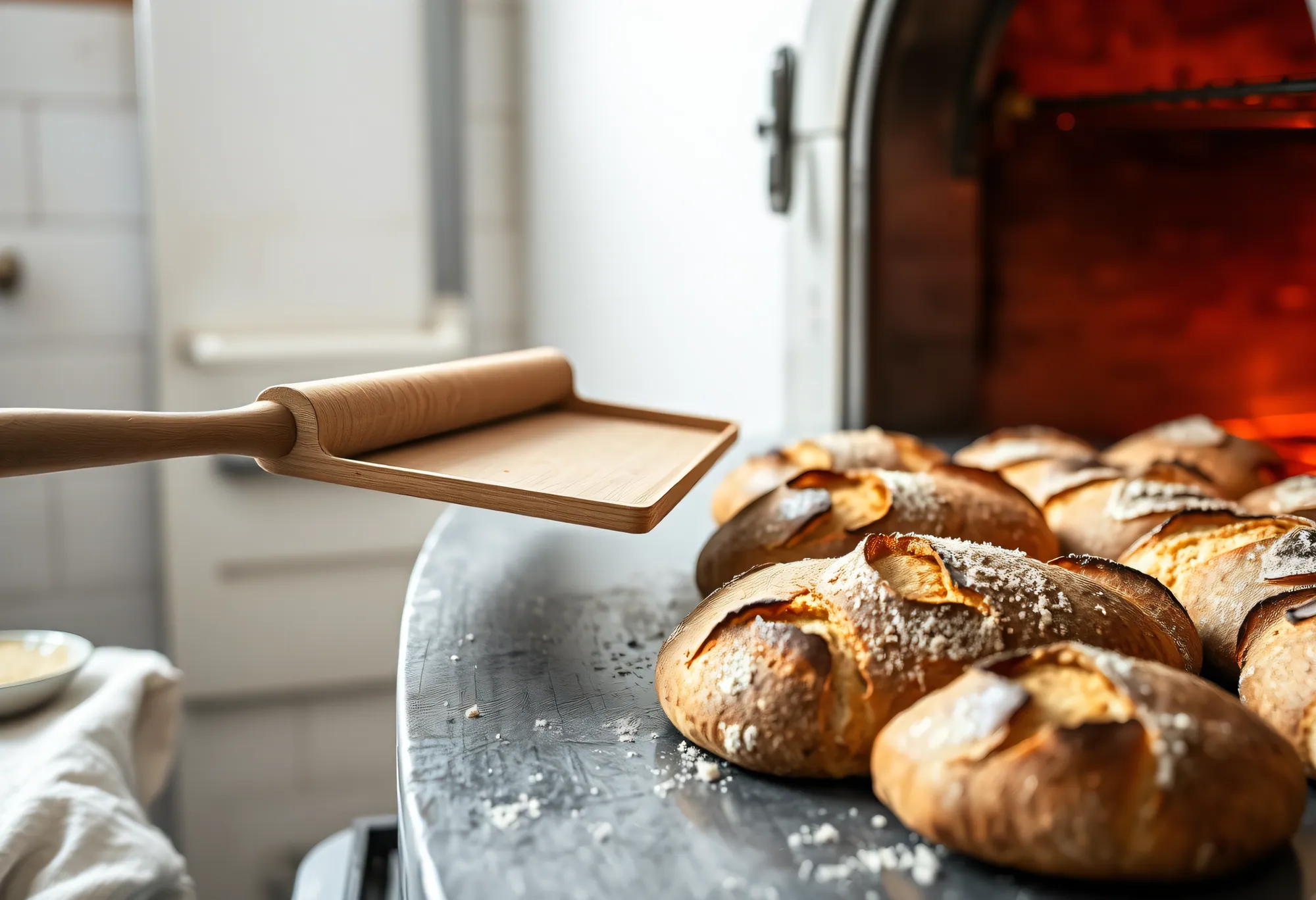 A peel pulling dark golden loaves from a deck oven
