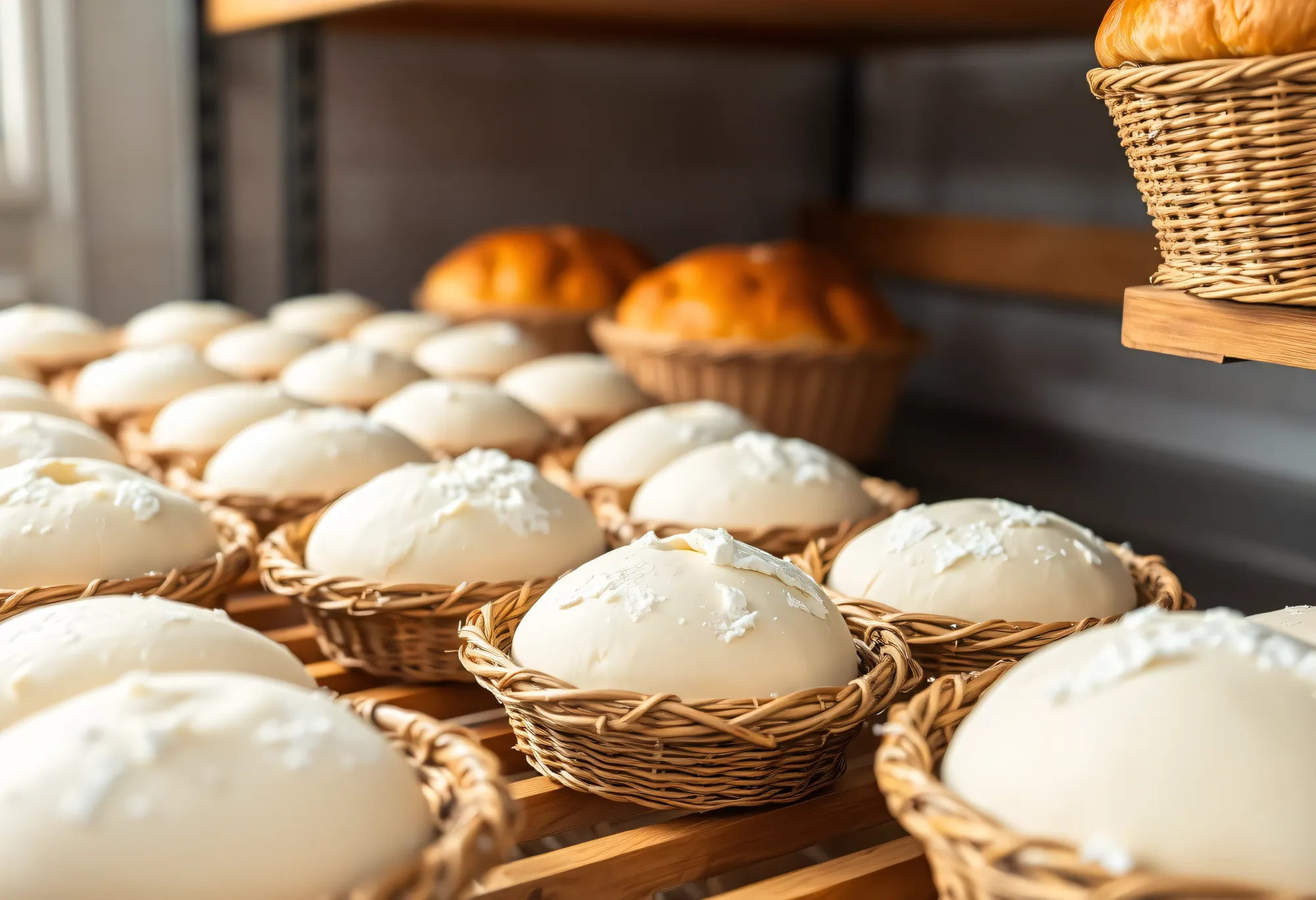 Rows of dough rising in cane baskets overnight