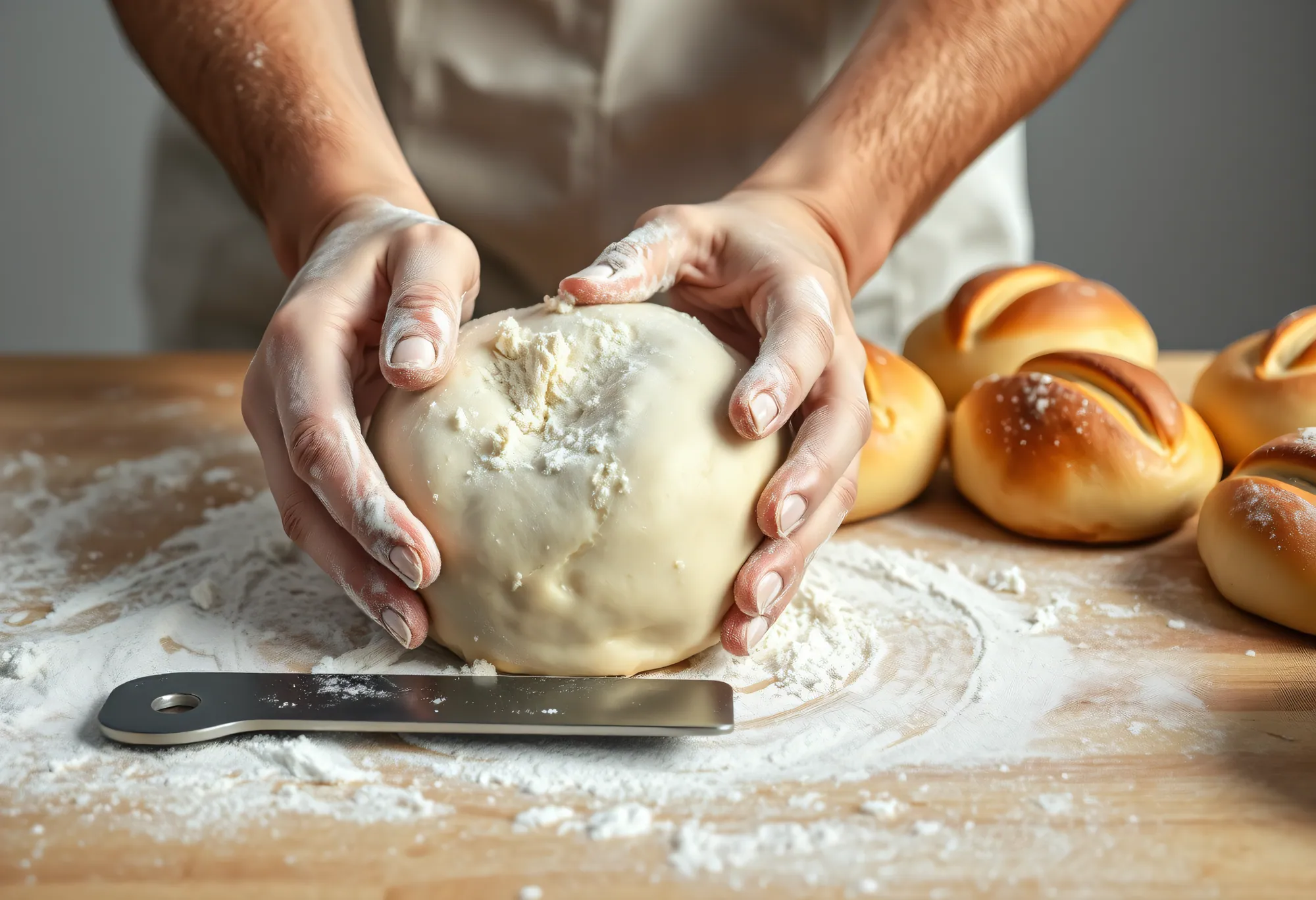 Hands shaping a round of dough on a floured bench
